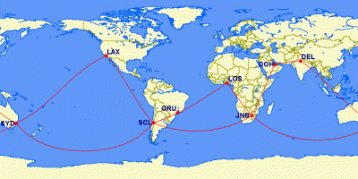 Fig. H. Around the real world itinerary, compared with the "flat earth's" itinerary (RECT 0S 45W).