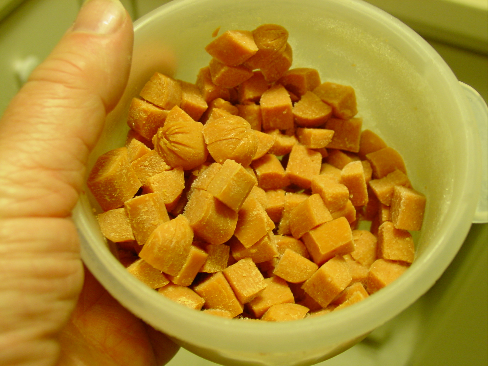 39-7767. Hotdogs cut up into fingernail-size pieces.