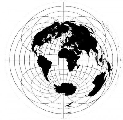 Fig. 2. Michael Wilmore’s “flat earth” map.  Antarctica has morphed (melted?) into a shape we’re more familiar with and Australia’s shape has been grossly distorted. [https://theflatearthsociety.org/home/index.php/featured/maps]
